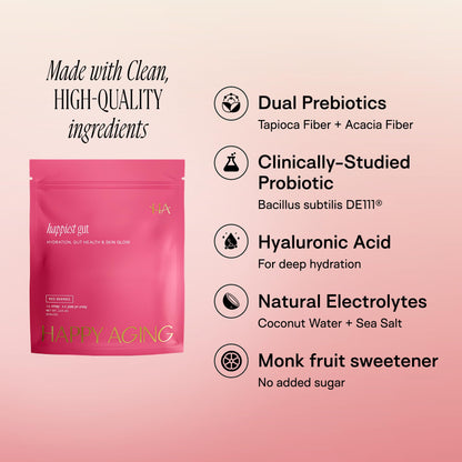 Happy Aging Electrolytes Powder Packets for Women - Sugar Free Hydration & Gut Health with Hyaluronic Acid & Bacillus Subtilis DE111 Probiotics - Dual Prebiotic System for Skin Beauty - PrimeBioHealth - canada supplements