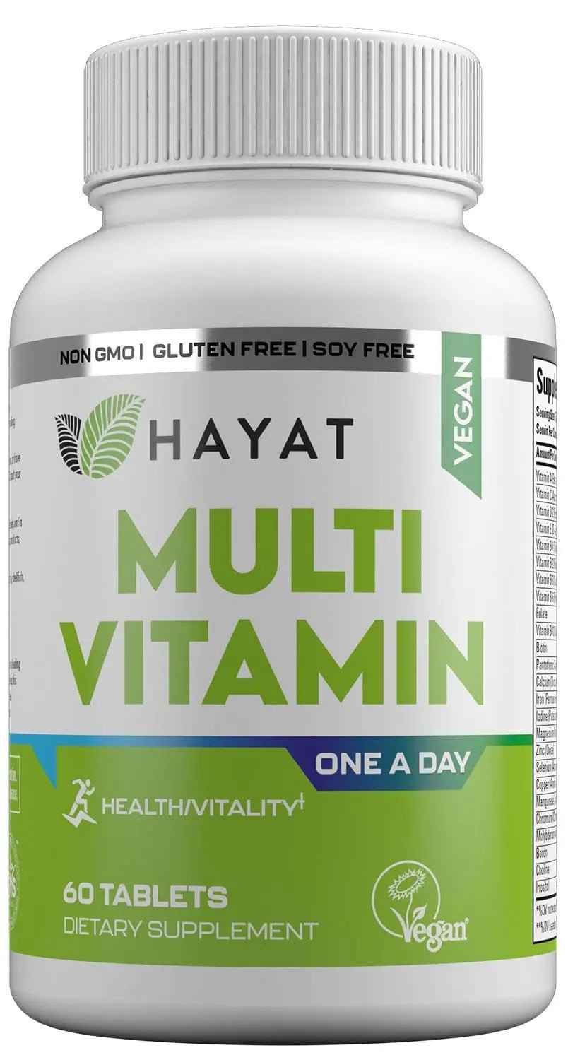 HAYAT Vitamins Vegan Natural Multivitamin, Daily Vitamins with Vitamin A, C, D, E, B1, B2, B3, B6, B12, Biotin, Zinc and More, 2 Month Supply, All Natural