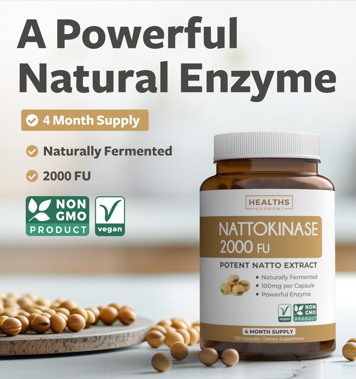 Healths Harmony Nattokinase 2000 FU (Non-GMO) Powerful Nattokinase Supplement Made from Naturally Fermented Soybeans - (4 Month Supply) 120 Vegan Natto Capsules - PrimeBioHealth - canada supplements