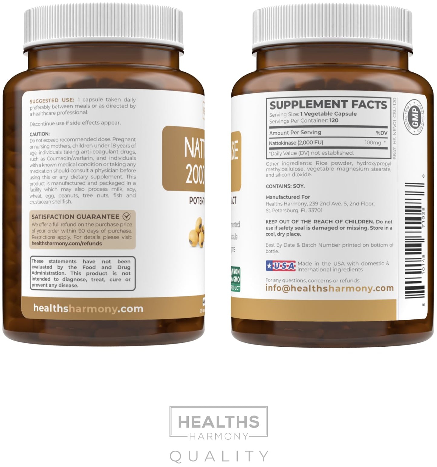 Healths Harmony Nattokinase 2000 FU (Non-GMO) Powerful Nattokinase Supplement Made from Naturally Fermented Soybeans - (4 Month Supply) 120 Vegan Natto Capsules - PrimeBioHealth - canada supplements