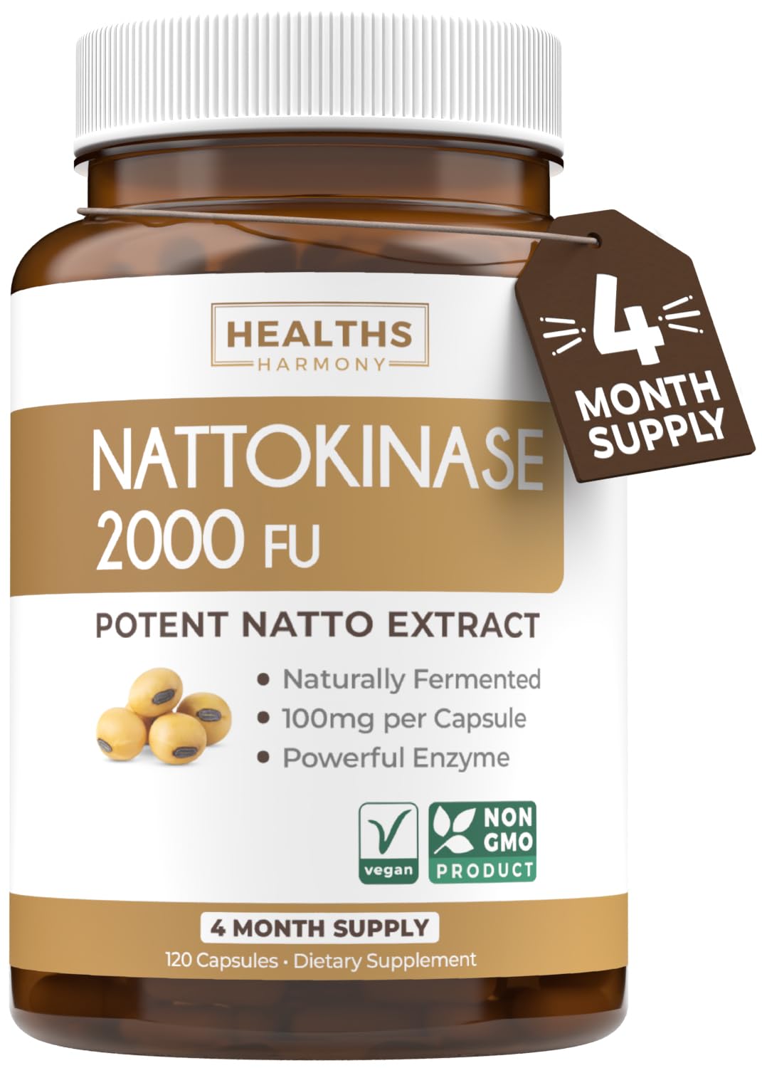 Healths Harmony Nattokinase 2000 FU (Non-GMO) Powerful Nattokinase Supplement Made from Naturally Fermented Soybeans - (4 Month Supply) 120 Vegan Natto Capsules - PrimeBioHealth - canada supplements