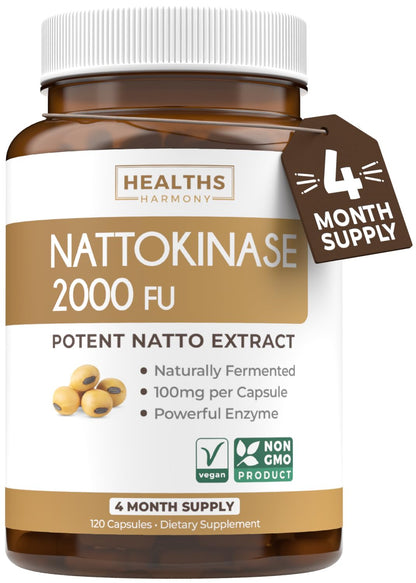 Healths Harmony Nattokinase 2000 FU (Non-GMO) Powerful Nattokinase Supplement Made from Naturally Fermented Soybeans - (4 Month Supply) 120 Vegan Natto Capsules - PrimeBioHealth - canada supplements