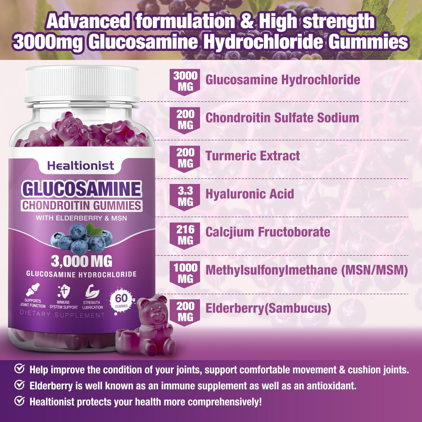 Healtionist 2 Packs 3000mg Glucosamine Chondroitin Gummies with MSM & Elderberry - PrimeBioHealth - canada supplements