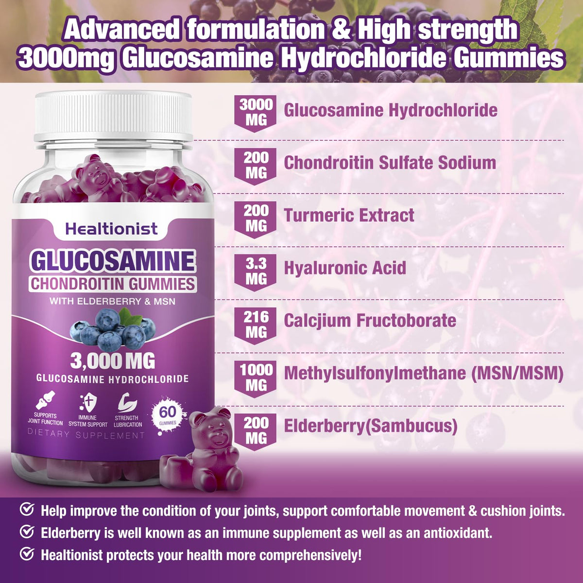 Healtionist 2 Packs 3000mg Glucosamine Chondroitin Gummies with MSM & Elderberry - PrimeBioHealth - canada supplements