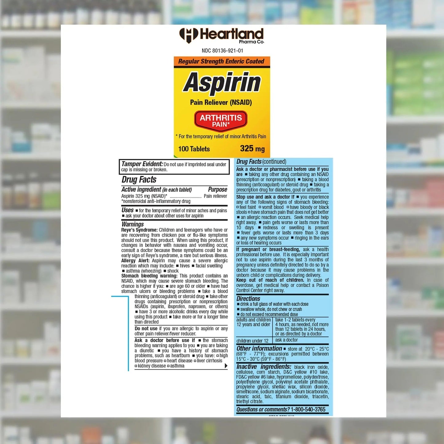 Heartland Pharma Aspirin 325mg Enteric Coated Tablets | Original Strength NSAID Pain Reliever & Fever Reducer | Joint Pain Relief for Arthritis | Child-Resistant Safety Cap | Made in USA | 100 Count - PrimeBioHealth - canada supplements