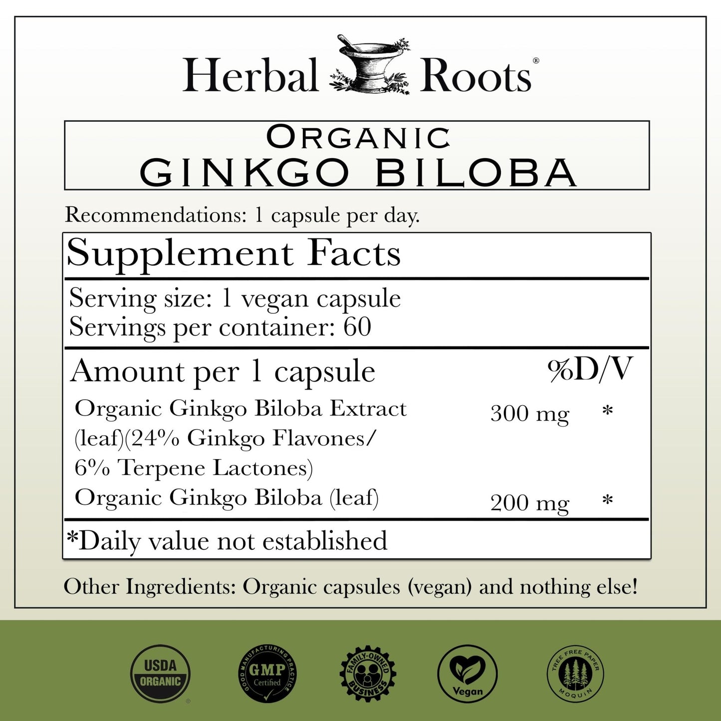 Herbal Roots Organic Ginkgo Biloba Made with Pure Organic Ginkgo Leaf and Extract - 60 Vegan Capsules - PrimeBioHealth - canada supplements