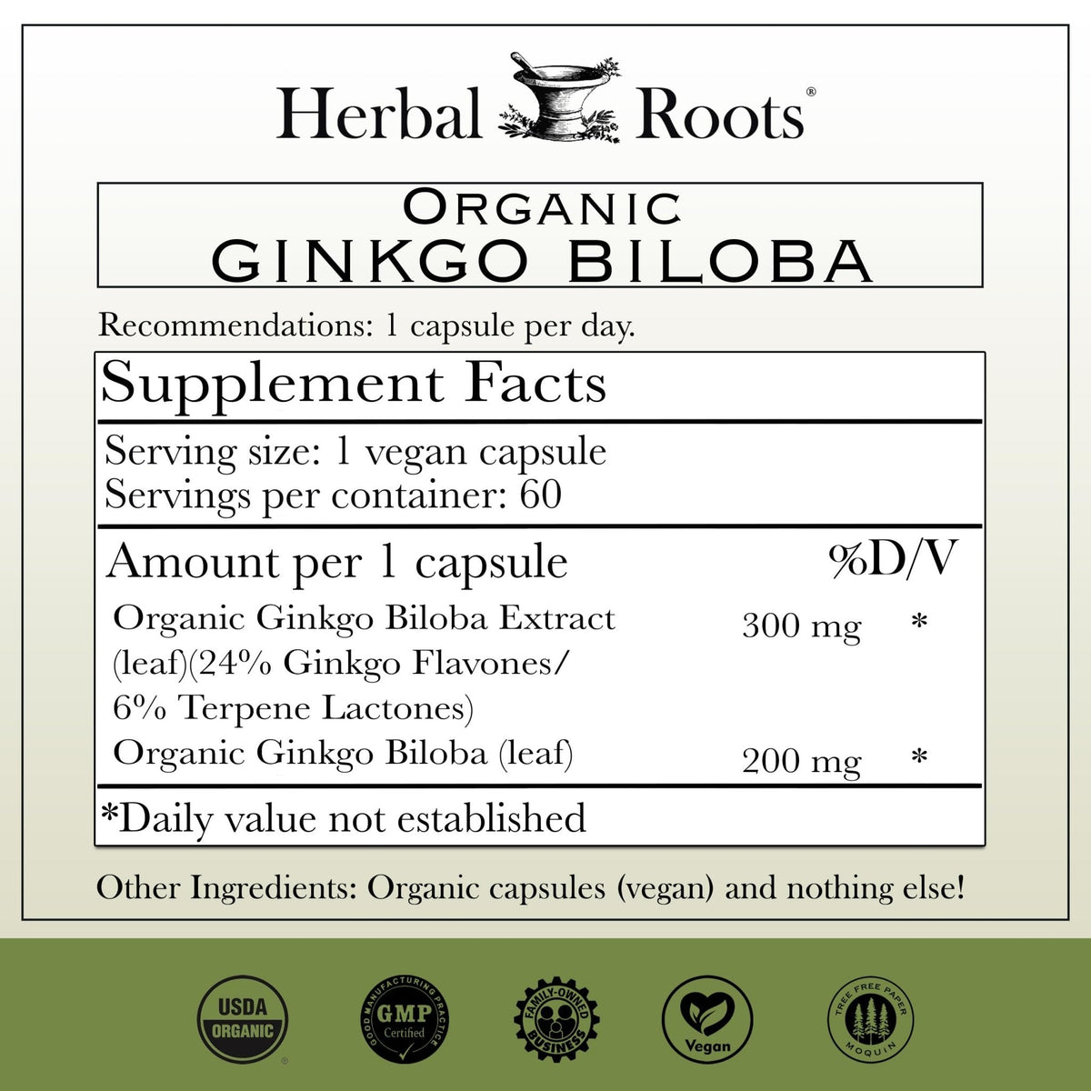 Herbal Roots Organic Ginkgo Biloba Made with Pure Organic Ginkgo Leaf and Extract - 60 Vegan Capsules - PrimeBioHealth - canada supplements