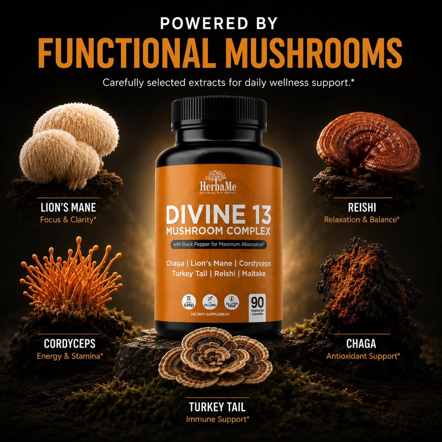 HerbaMe 13 Mushroom Extract Complex Capsules with Lion’s Mane, Cordyceps, Turkey Tail, Reishi & Chaga – Brain, Energy & Immune Support Supplement with Black Pepper for Absorption, 90 Count - PrimeBioHealth - canada supplements