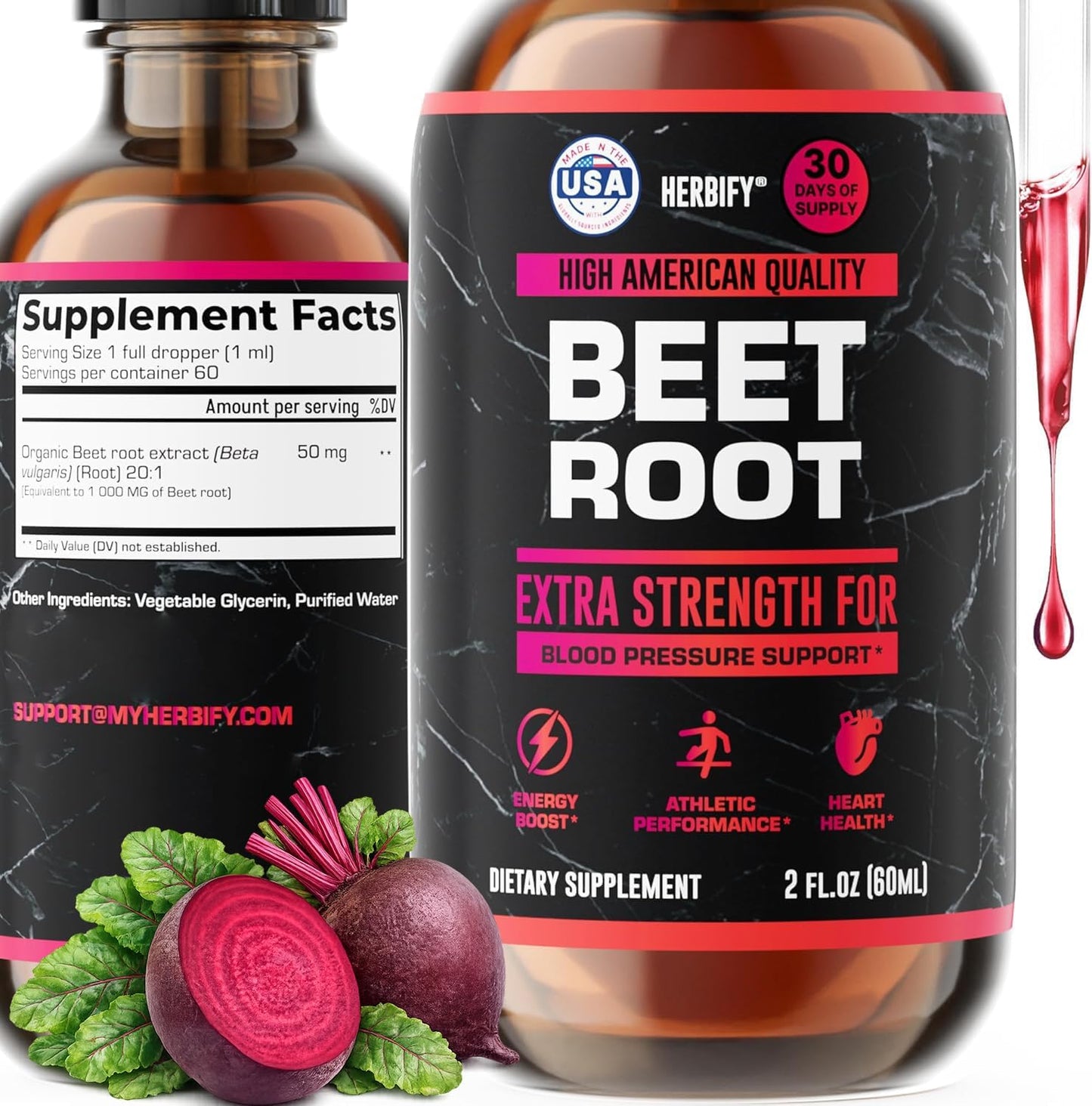 HERBIFY Beet Root Extract - Blood Pressure Supplement & Nitric Oxide Booster - Beetroot Supplement for Heart Health and Energy Booster for Men & Women (30 Days Supply) Made in USA 2 FL Oz - PrimeBioHealth - canada supplements