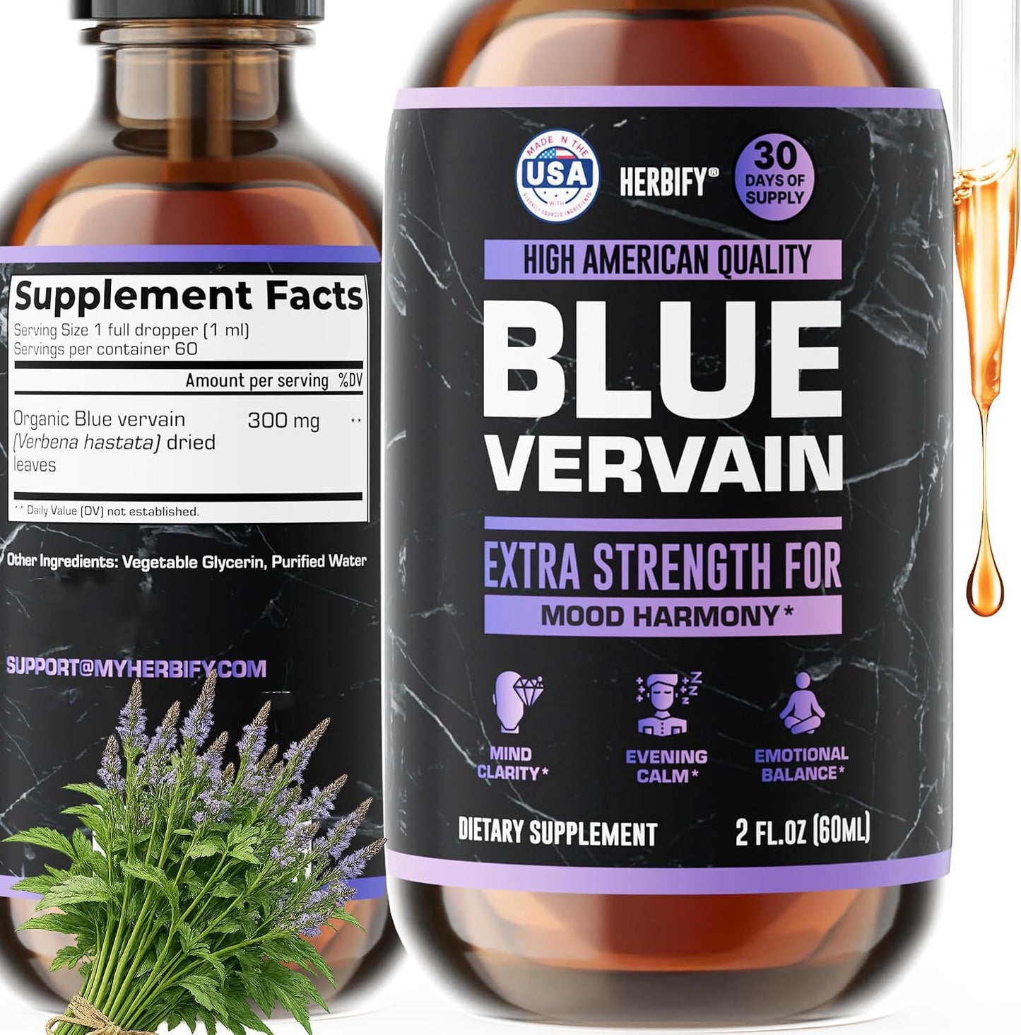 HERBIFY Blue Vervain Drops – Verbena Tincture – Vervain Supplement for Mood & Balance – Vervain Liquid Extract – Verbena Hastata (30 Days Supply) 2 Fl Oz Made in USA - PrimeBioHealth - canada supplements