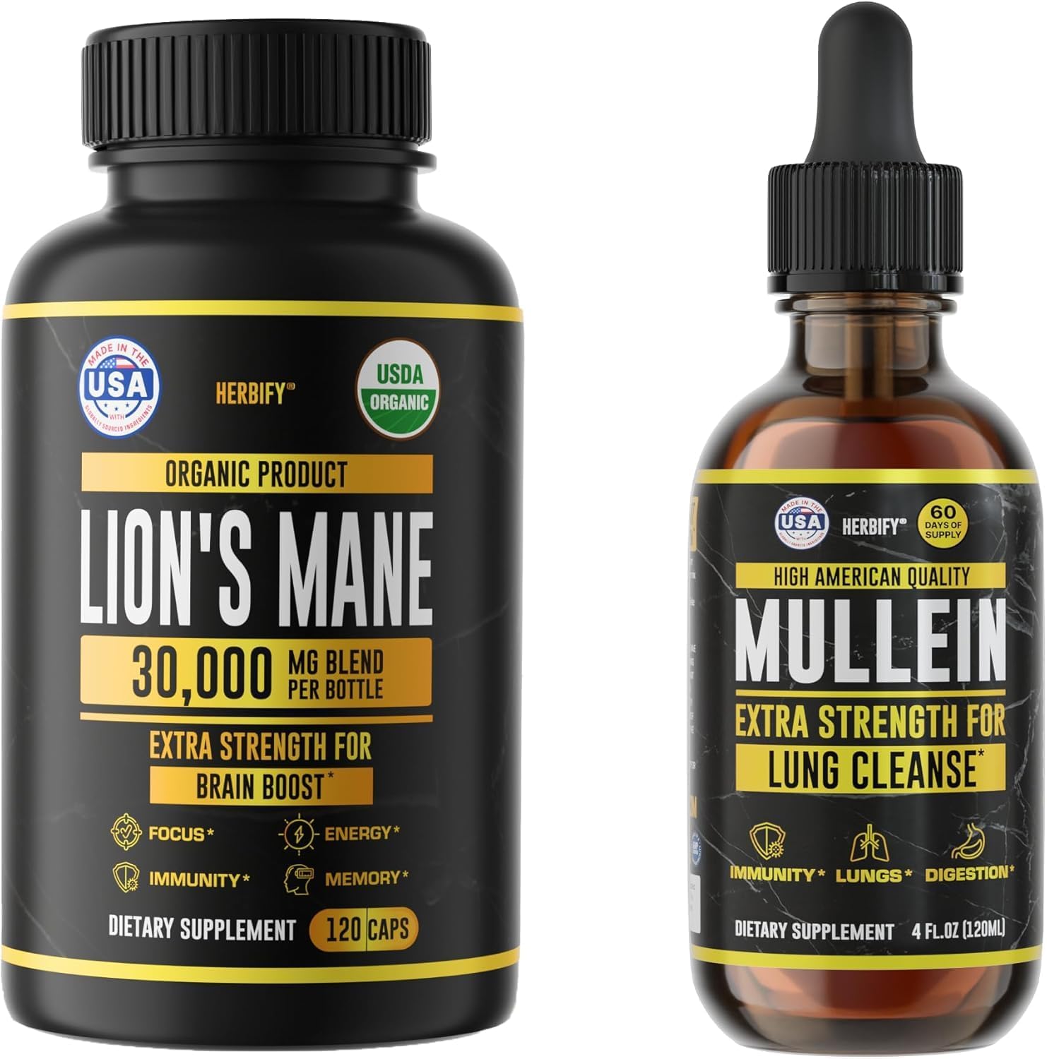 HERBIFY Bundle Lions Mane Capsules & Mullein Drops - Daily Supplement for Memory, Focus, Clarity & Powerful Lung Cleanse Support - PrimeBioHealth - canada supplements