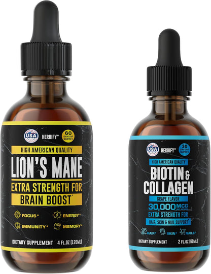 HERBIFY Bundle - Lions Mane Drops & Biotin and Collagen - Brain, Hair, Skin & Nails Support - PrimeBioHealth - canada supplements