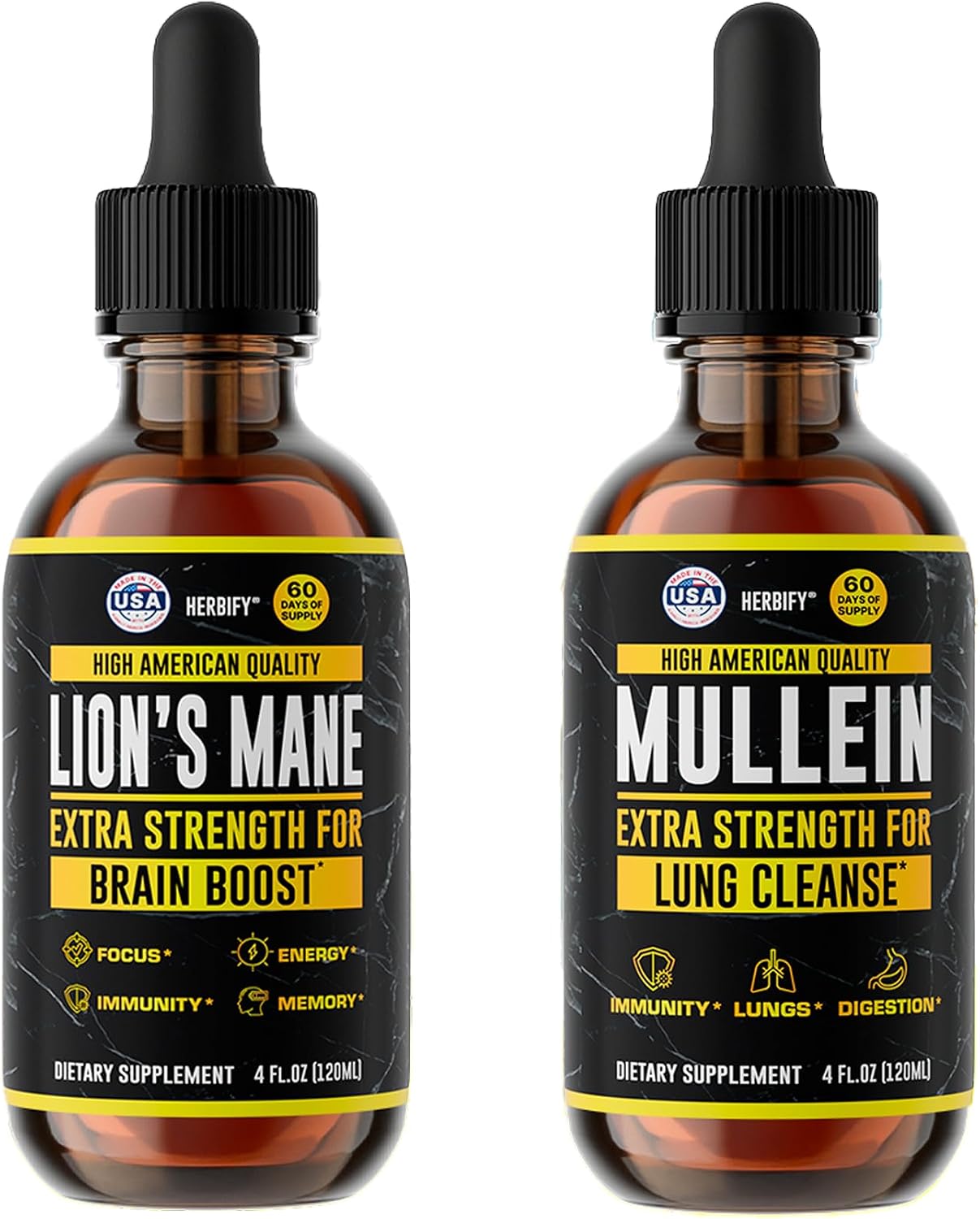 HERBIFY Bundle - Lions Mane & Mullein 4 Fl Oz Drops - Supplement for Memory, Focus & Clarity & Immune Support, Lung Cleanse and Bronchial Support - PrimeBioHealth - canada supplements