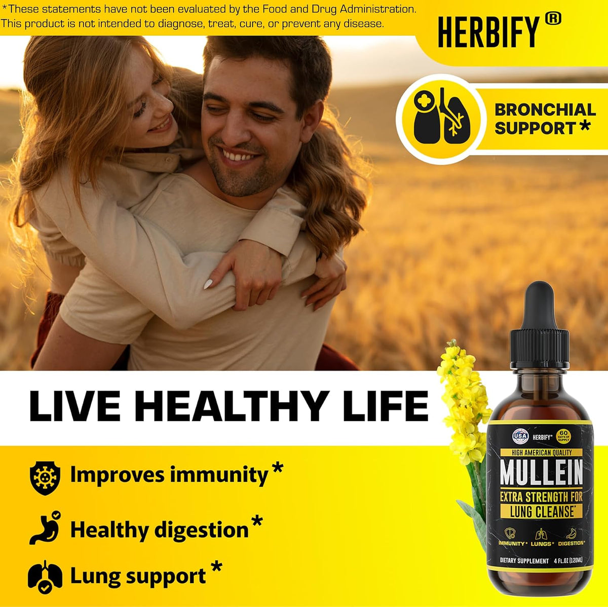HERBIFY Bundle - Lions Mane & Mullein 4 Fl Oz Drops - Supplement for Memory, Focus & Clarity & Immune Support, Lung Cleanse and Bronchial Support - PrimeBioHealth - canada supplements