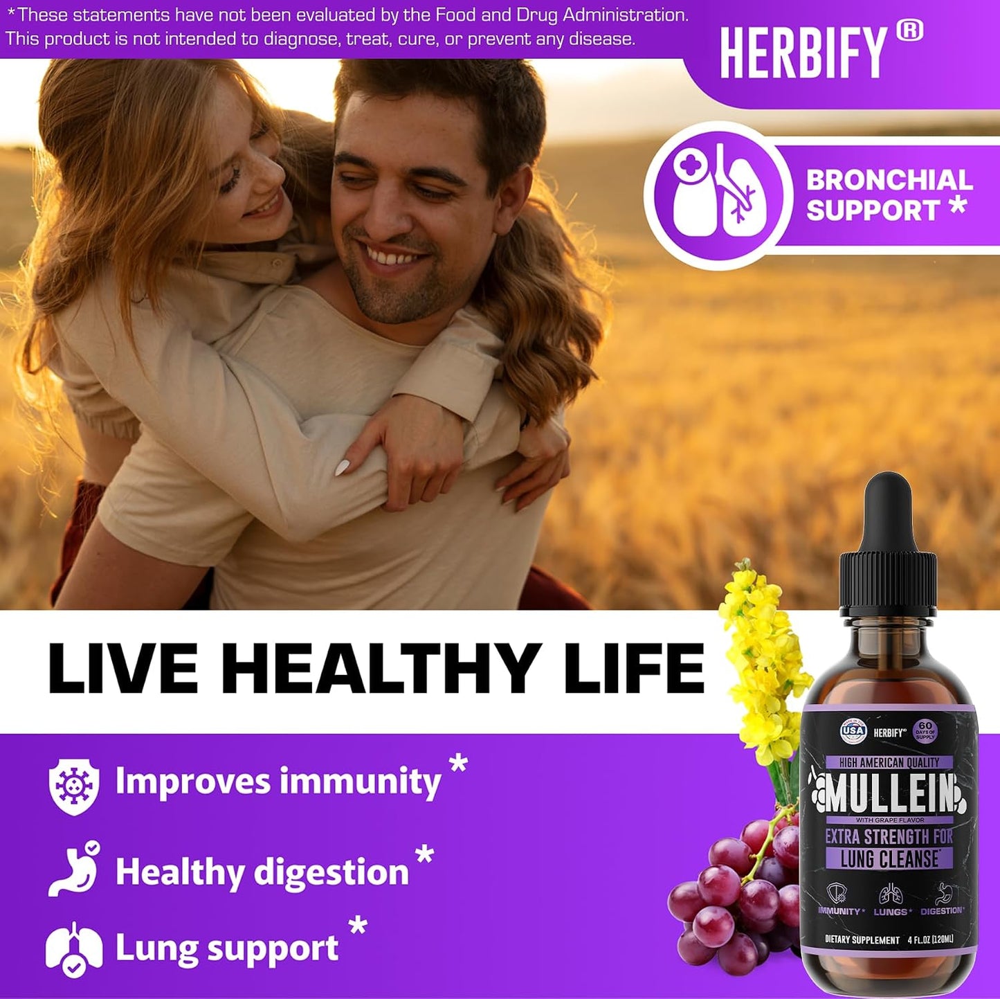 HERBIFY Bundle - Lions Mane & Mullein Grape 4 Fl Oz Drops - Supplement for Memory, Focus & Clarity & Immune Support, Lung Cleanse and Bronchial Support - PrimeBioHealth - canada supplements
