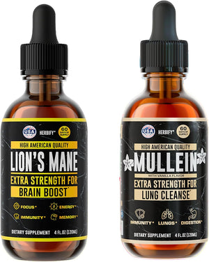 HERBIFY Bundle - Lions Mane & Mullein Vanilla 4 Fl Oz Drops - Supplement for Memory, Focus & Clarity & Immune Support, Lung Cleanse and Bronchial Support - PrimeBioHealth - canada supplements
