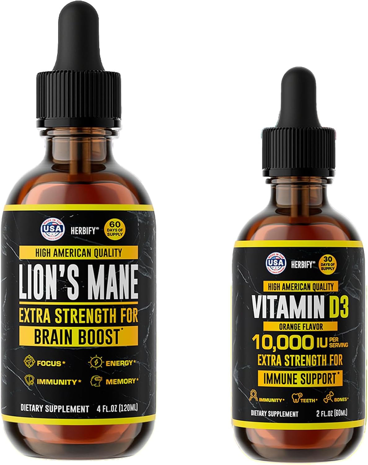 HERBIFY Bundle - Lions Mane & Vitamin D3 2 Fl Oz Drops - Supplement for Memory, Focus & Clarity & Immune Support, Bone Strength and Teeth Support Supplement - PrimeBioHealth - canada supplements