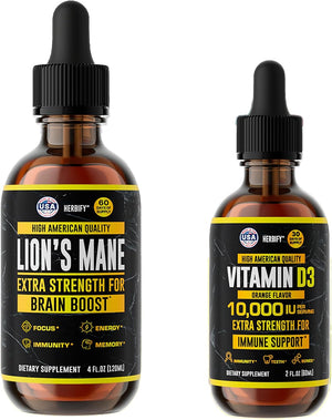 HERBIFY Bundle - Lions Mane & Vitamin D3 2 Fl Oz Drops - Supplement for Memory, Focus & Clarity & Immune Support, Bone Strength and Teeth Support Supplement - PrimeBioHealth - canada supplements
