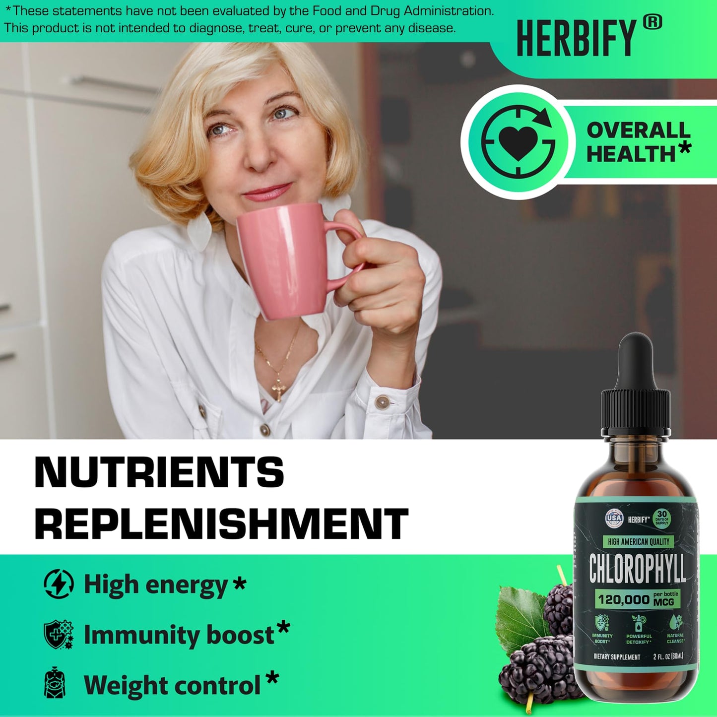 HERBIFY Chlorophyll Drops - Liquid Chlorophyll for Energy Boost & Immune System Support - Made in USA - Chlorophyll Liquid Drops for Body Detox, Internal Deodorant & Enhance Skin - 2 Oz - PrimeBioHealth - canada supplements