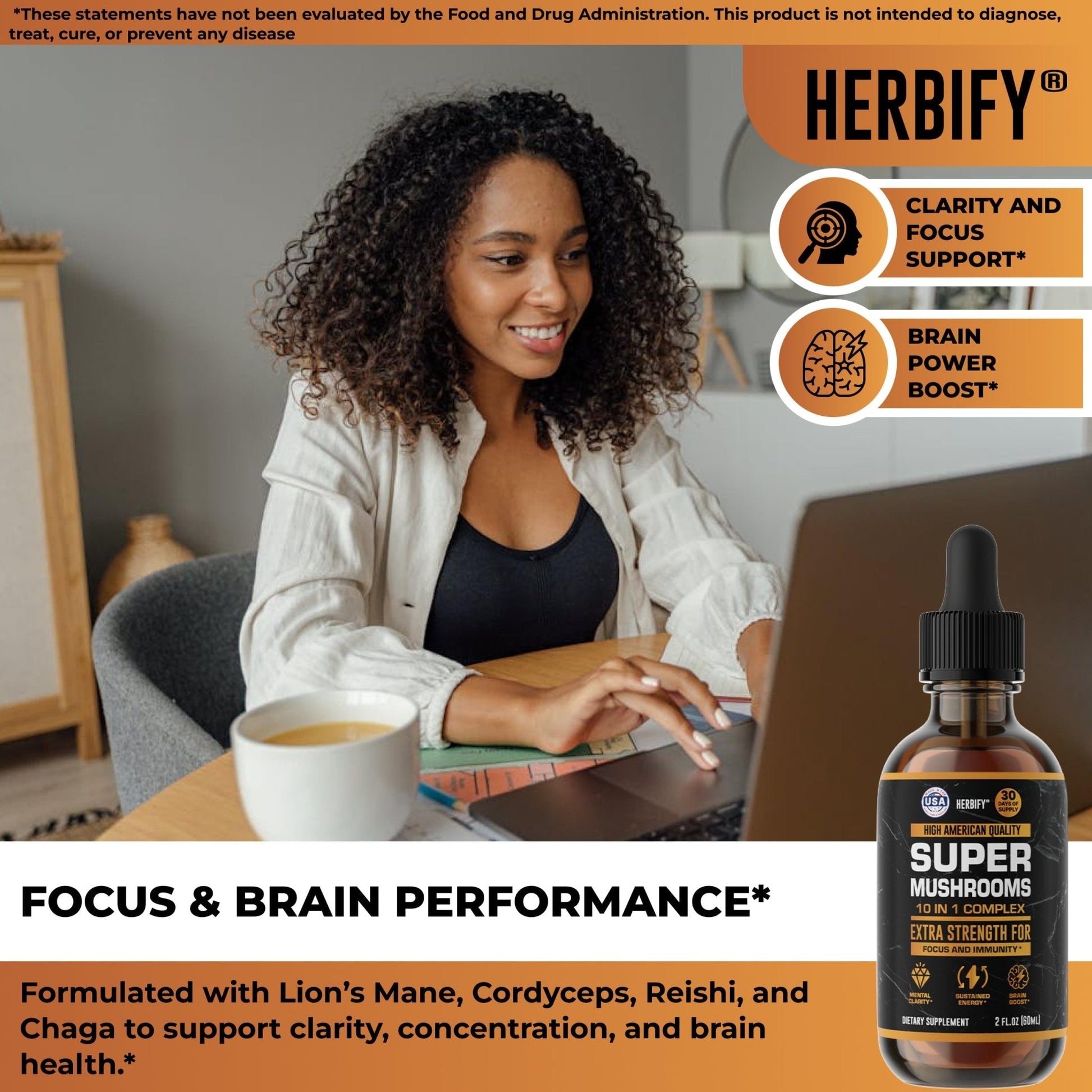 HERBIFY Lions Mane Supplement - Daily Mushroom Supplement for Memory, Focus & Clarity - Brain Booster - Lions Mane Tincture for Immune Support - 4 Fl oz - PrimeBioHealth - canada supplements