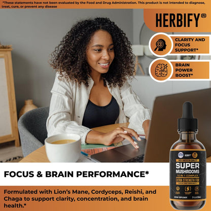 HERBIFY Lions Mane Supplement - Daily Mushroom Supplement for Memory, Focus & Clarity - Brain Booster - Lions Mane Tincture for Immune Support - 4 Fl oz - PrimeBioHealth - canada supplements