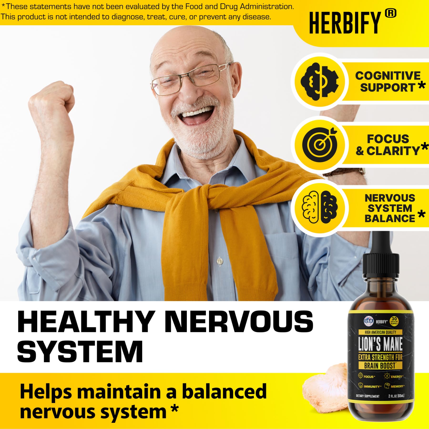 HERBIFY Lions Mane Supplement - Daily Mushroom Supplement for Memory, Focus & Clarity - Brain Booster - Lions Mane Tincture for Immune Support - 4 Fl oz - PrimeBioHealth - canada supplements