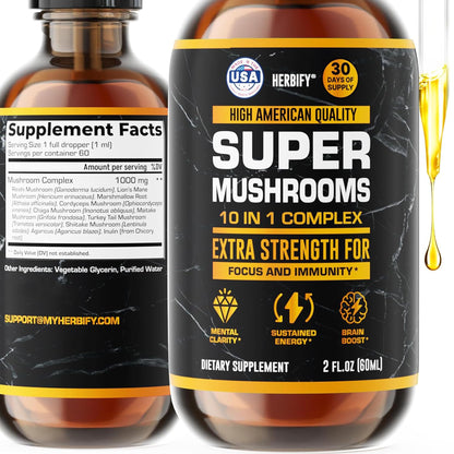 HERBIFY Lions Mane Supplement - Daily Mushroom Supplement for Memory, Focus & Clarity - Brain Booster - Lions Mane Tincture for Immune Support - 4 Fl oz - PrimeBioHealth - canada supplements