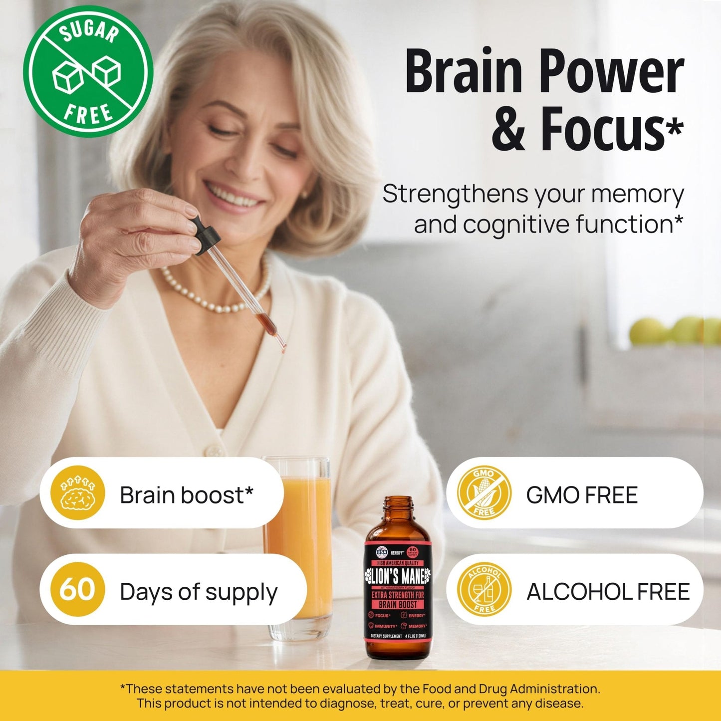 HERBIFY Lions Mane Supplement - Daily Mushroom Supplement for Memory, Focus & Clarity - Brain Booster - Lions Mane Tincture for Immune Support - 4 Fl oz - PrimeBioHealth - canada supplements