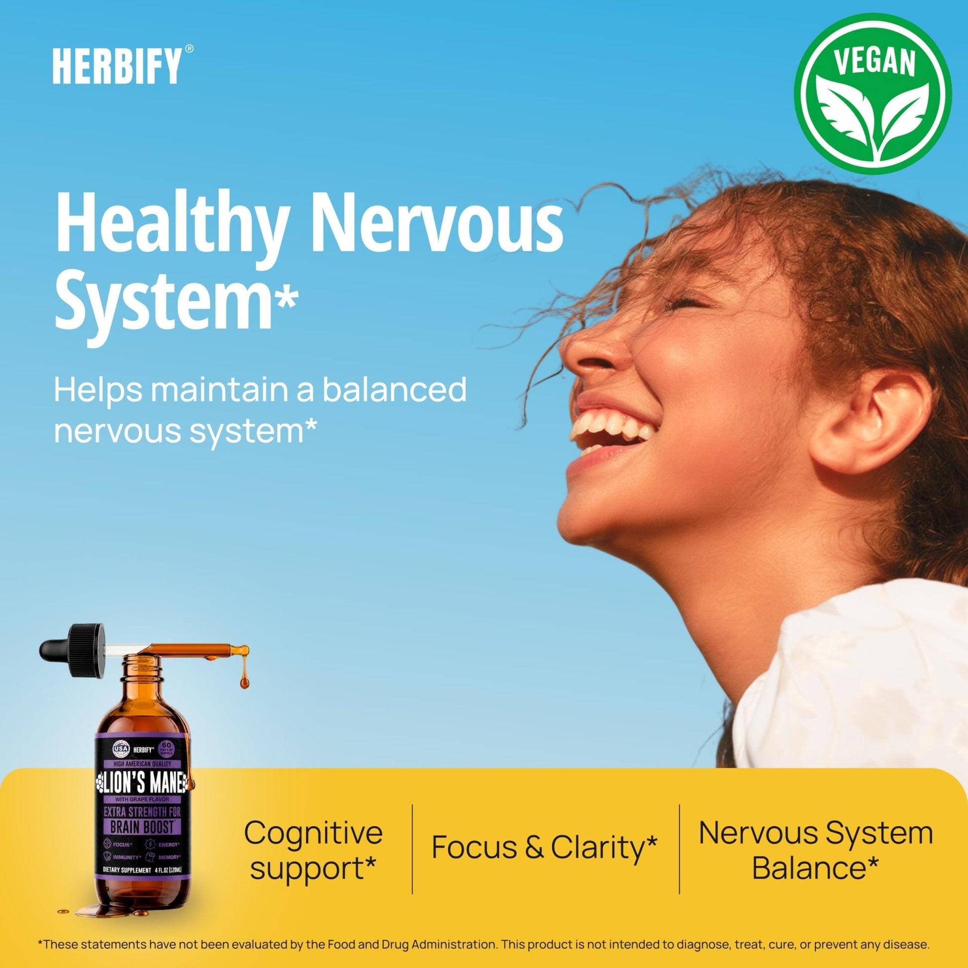 HERBIFY Lions Mane Supplement - Daily Mushroom Supplement for Memory, Focus & Clarity - Brain Booster - Lions Mane Tincture for Immune Support - 4 Fl oz - PrimeBioHealth - canada supplements