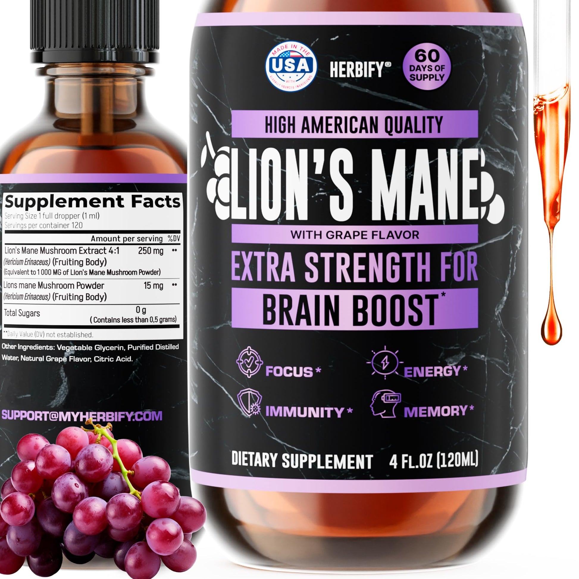 HERBIFY Lions Mane Supplement - Daily Mushroom Supplement for Memory, Focus & Clarity - Brain Booster - Lions Mane Tincture for Immune Support - 4 Fl oz - PrimeBioHealth - canada supplements