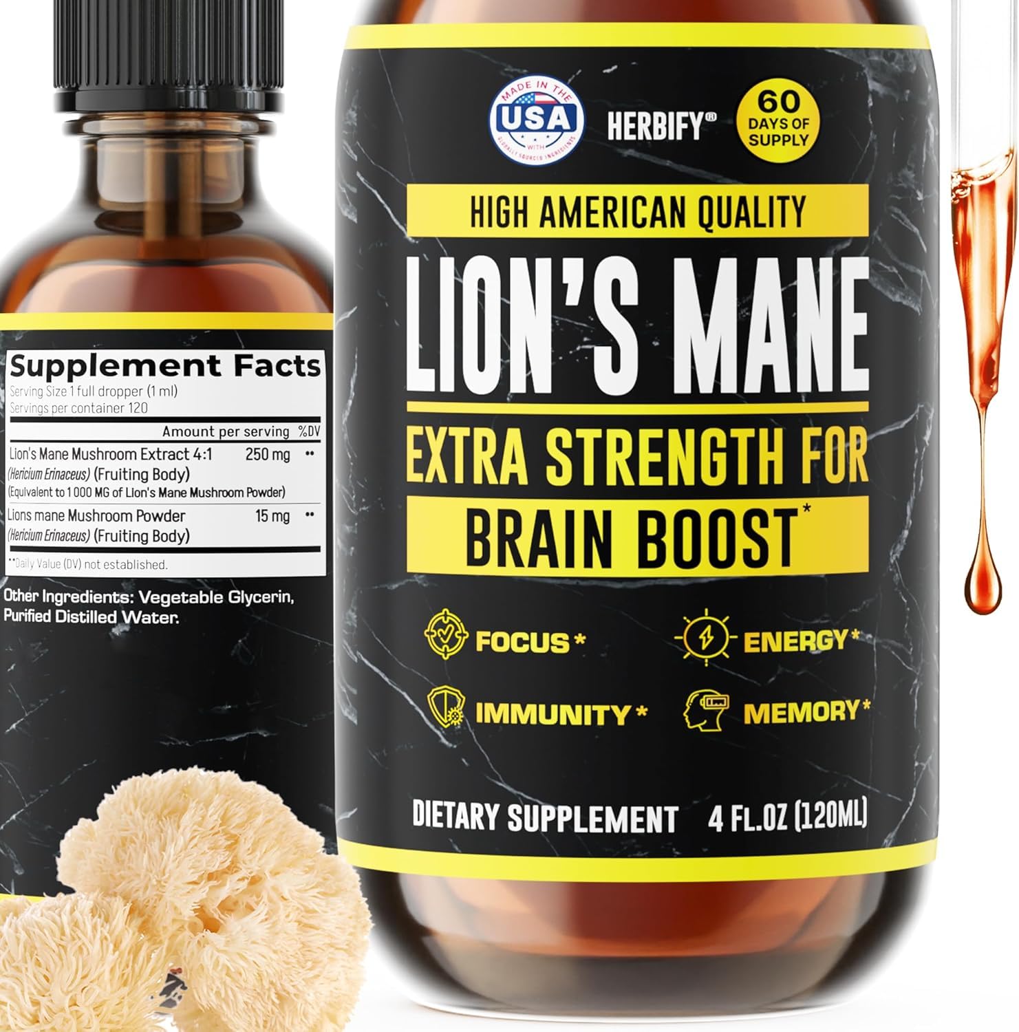 HERBIFY Lions Mane Supplement - Daily Mushroom Supplement for Memory, Focus & Clarity - Brain Booster - Lions Mane Tincture for Immune Support - 4 Fl oz - PrimeBioHealth - canada supplements