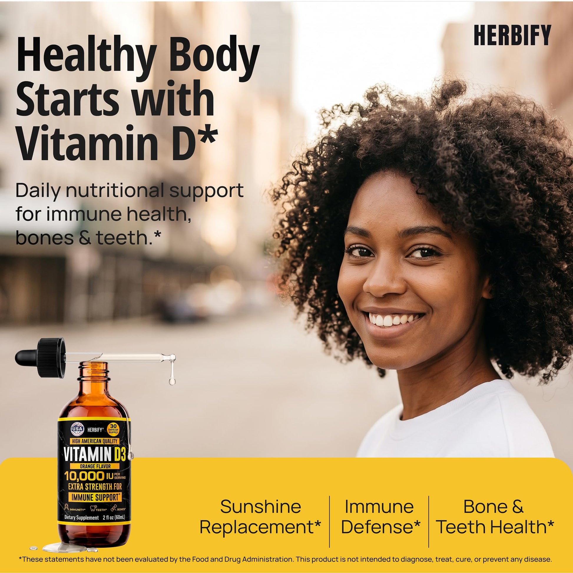 HERBIFY Vitamin D3 10000 IU - Made in USA Liquid Vitamin D Drops - Bone Strength and Immune Support Supplement - Sunshine Replacement - D3 Vitamin Bone and Teeth Supplement - 30 Days Supply - 2 Oz - PrimeBioHealth - canada supplements