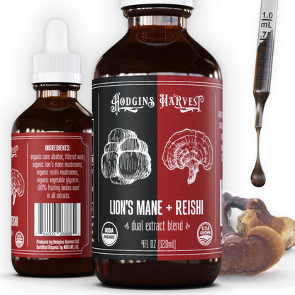Hodgins Harvest Organic Lion's Mane Fruiting Body Extract Tincture - Mushroom Supplement for Brain Health and Mental Focus - Dual Extract Formula - Extra Concentrated - 4 fl oz Bottle - PrimeBioHealth - canada supplements