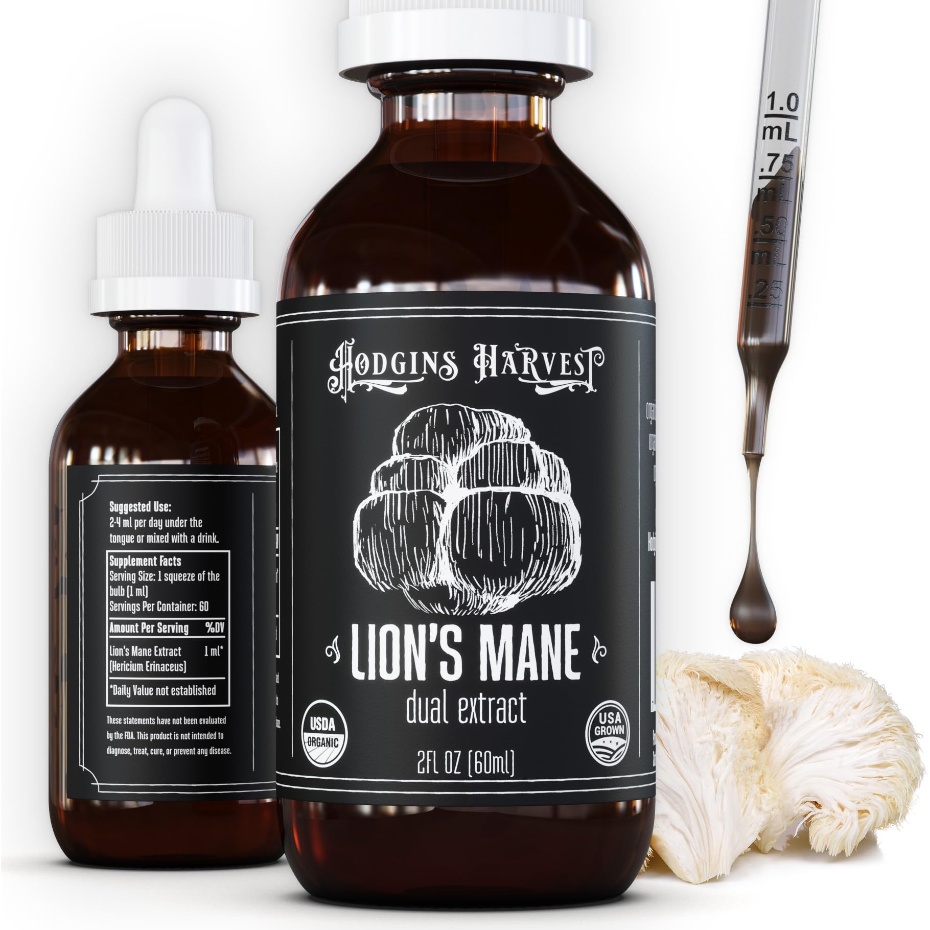 Hodgins Harvest Organic Lion's Mane Fruiting Body Extract Tincture - Mushroom Supplement for Brain Health and Mental Focus - Dual Extract Formula - Extra Concentrated - 4 fl oz Bottle - PrimeBioHealth - canada supplements