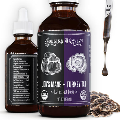 Hodgins Harvest Organic Lion's Mane Fruiting Body Extract Tincture - Mushroom Supplement for Brain Health and Mental Focus - Dual Extract Formula - Extra Concentrated - 4 fl oz Bottle - PrimeBioHealth - canada supplements