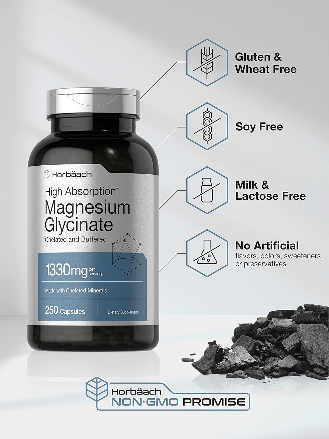 Horbaach Magnesium Glycinate 1330mg | 250 Capsules | Buffered with Chelated Minerals | 240 mg per Serving | Non-GMO, Gluten Free Supplement - PrimeBioHealth - canada supplements