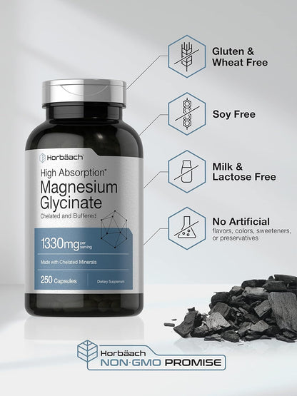 Horbaach Magnesium Glycinate 1330mg | 250 Capsules | Buffered with Chelated Minerals | 240 mg per Serving | Non-GMO, Gluten Free Supplement - PrimeBioHealth - canada supplements