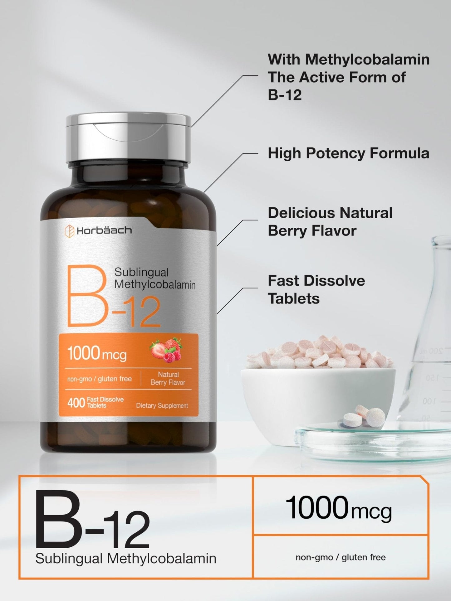 Horbaach Vitamin B12 1000 mcg Sublingual | 400 Fast Dissolve Tablets | Methylcobalamin Supplement for Women and Men - PrimeBioHealth - canada supplements