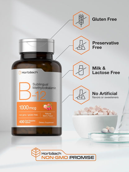 Horbaach Vitamin B12 1000 mcg Sublingual | 400 Fast Dissolve Tablets | Methylcobalamin Supplement for Women and Men - PrimeBioHealth - canada supplements