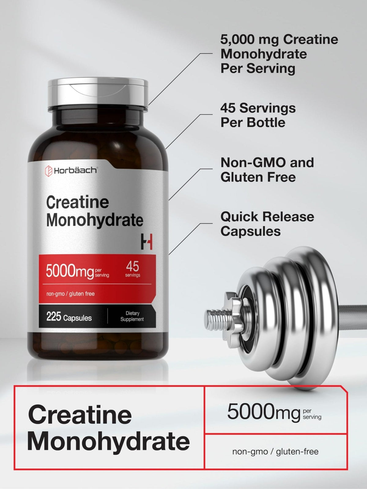 Horbäach Creatine Monohydrate | 5g | 225 Capsules | Non-GMO, Gluten Free Supplement - PrimeBioHealth - canada supplements