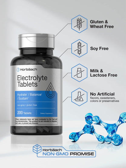 Horbäach Electrolyte Tablets | 200 Count | Helps Hydrate, Balance, & Sustain | with Calcium, Magnesium, Chloride, Sodium and Potassium | Vegetarian, Non-GMO & Gluten Free - PrimeBioHealth - canada supplements