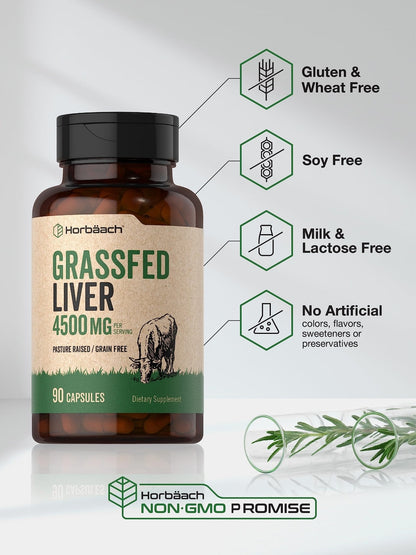 Horbäach Grass Fed Beef Liver | 4500mg | 90 Capsules | Desiccated, Pasture Raised, Grain Free, Non-GMO Supplement - PrimeBioHealth - canada supplements