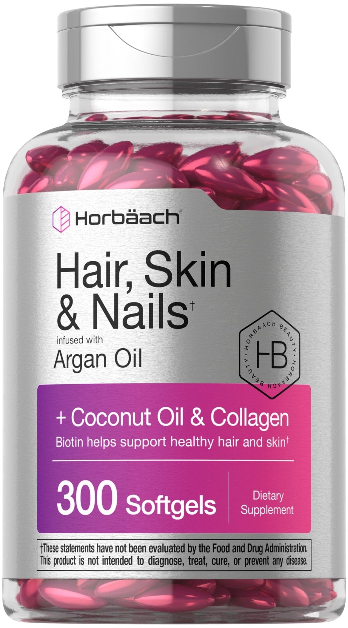 Horbäach Hair Skin and Nails Vitamins | 300 Softgels | with Biotin and Collagen | Infused with Argan Oil and Coconut Oil - PrimeBioHealth - canada supplements