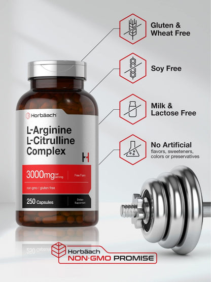Horbäach L-Arginine L-Citrulline Complex | 3000mg | 250 Capsules | Non-GMO, Gluten Free Supplement - PrimeBioHealth - canada supplements