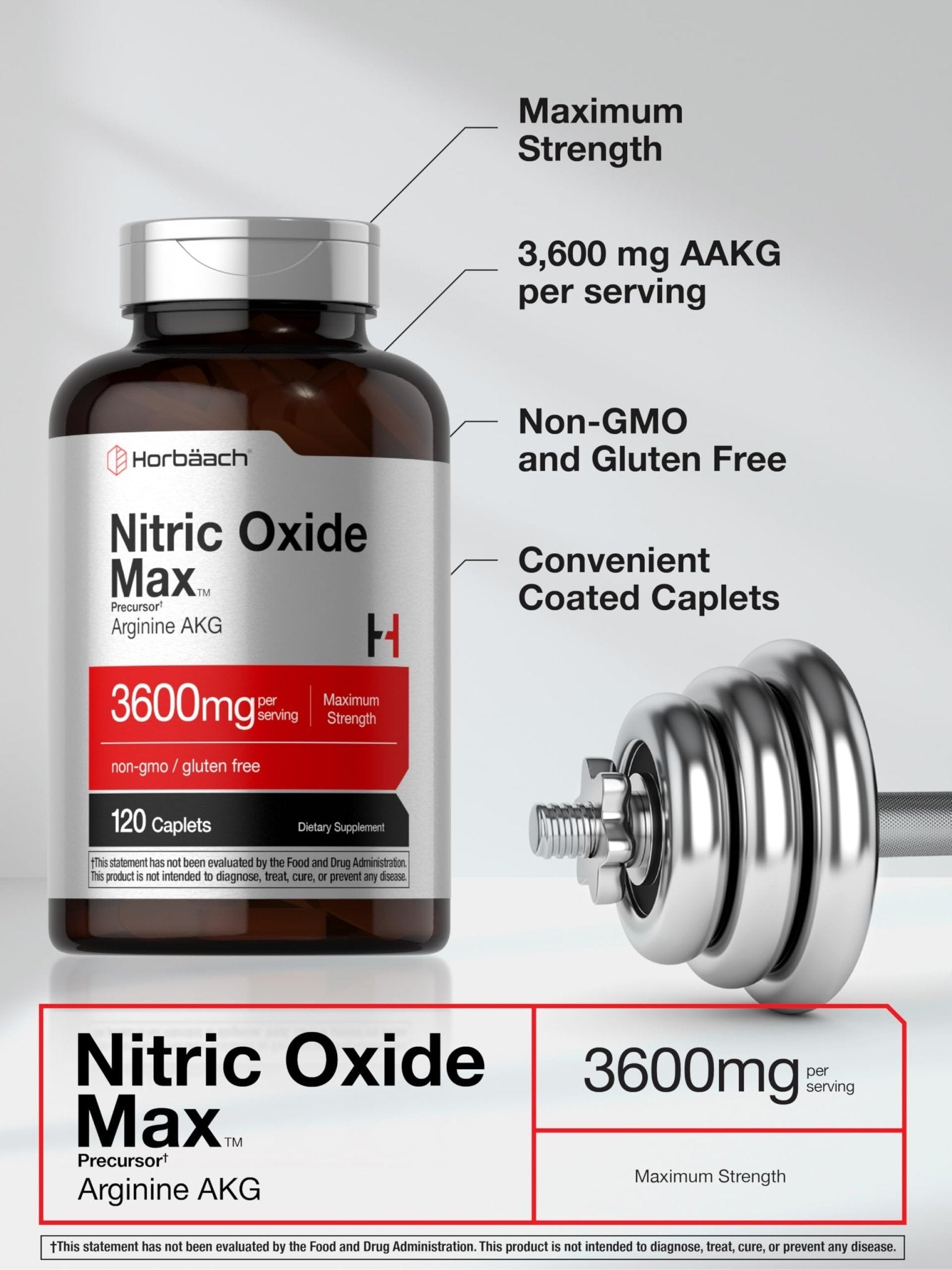 Horbäach Nitric Oxide Max 3600mg | 120 Caplets | with Arginine AAKG for Men and Women | Vegetarian, Non-GMO - PrimeBioHealth - canada supplements