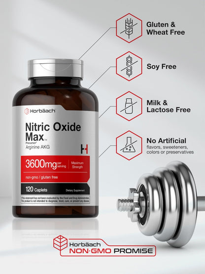 Horbäach Nitric Oxide Max 3600mg | 120 Caplets | with Arginine AAKG for Men and Women | Vegetarian, Non-GMO - PrimeBioHealth - canada supplements
