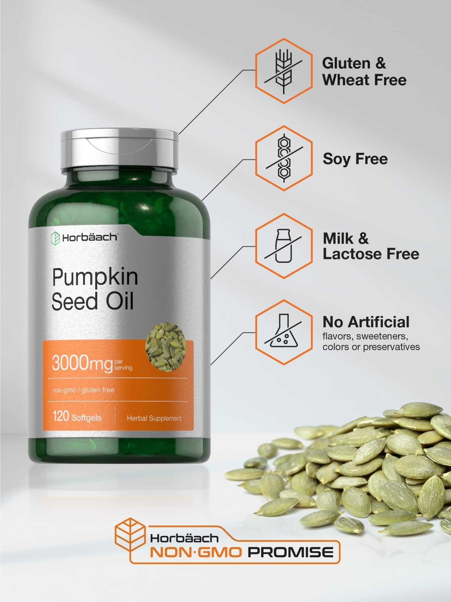 Horbäach Pumpkin Seed Oil | 3000mg | 120 Softgel Capsules | Cold Pressed Dietary Supplement | Non-GMO and Gluten Free Formula - PrimeBioHealth - canada supplements