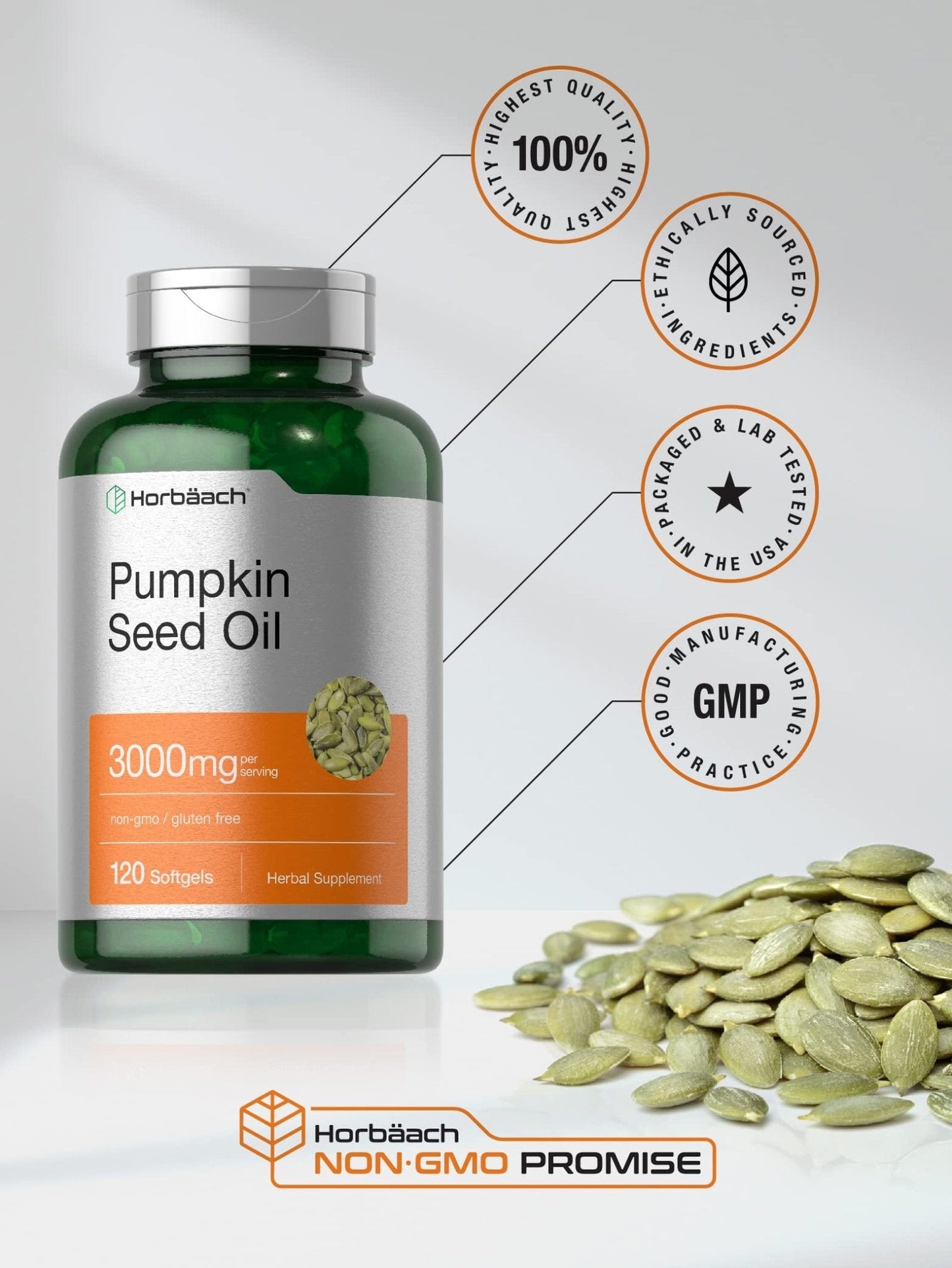 Horbäach Pumpkin Seed Oil | 3000mg | 120 Softgel Capsules | Cold Pressed Dietary Supplement | Non-GMO and Gluten Free Formula - PrimeBioHealth - canada supplements