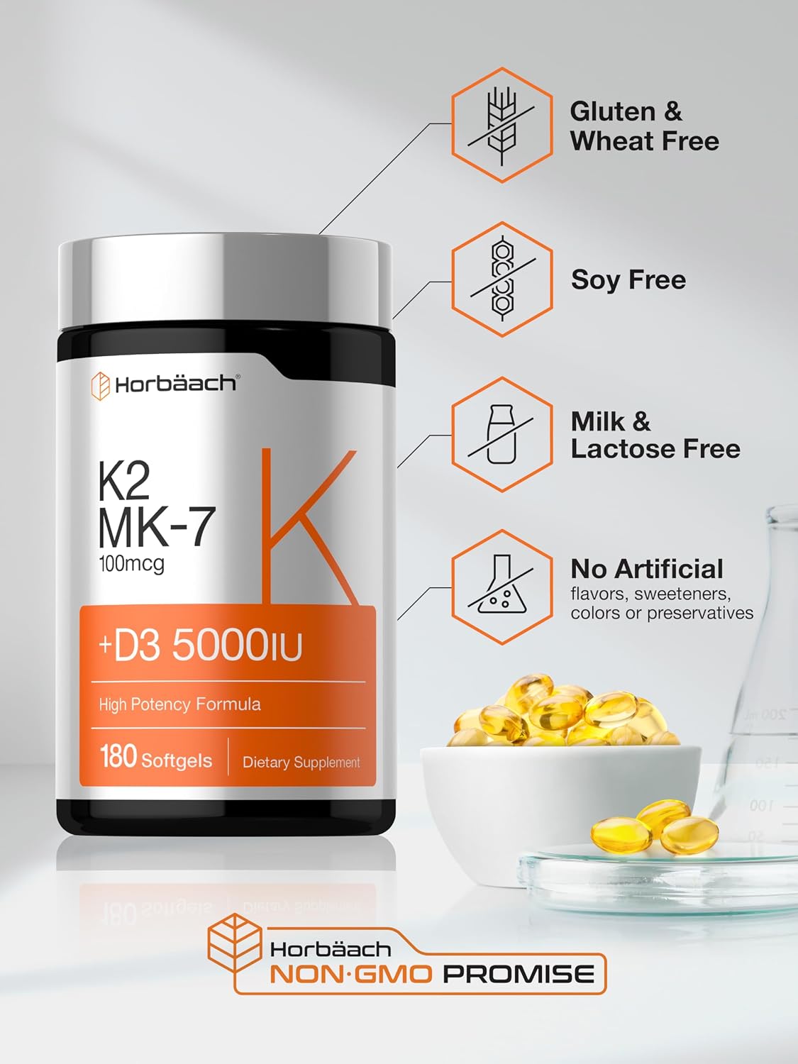 Horbäach Vitamin D3 K2 5000 iu | 100mcg MK-7 Complex | 180 Softgel Capsules | Non-GMO & Gluten Free Supplement - PrimeBioHealth - canada supplements