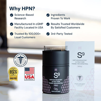 HPN S(9) Sirtuin Booster Ultra Pure Trans Resveratrol Healthy Aging Antioxidant Supplement, High Performance Nutrition, 30 Capsules - PrimeBioHealth - canada supplements